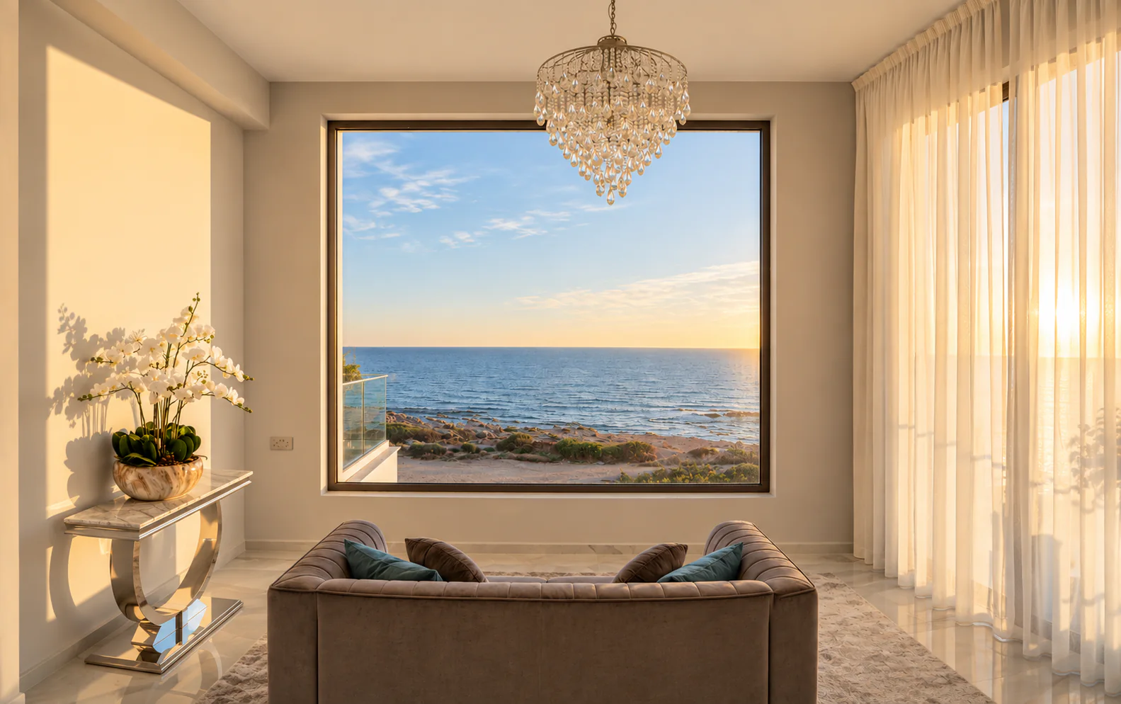 The bridal suite lounge at OZEA: a velvet sofa faces a large picture window framing the Mediterranean horizon, with a pearl-drop chandelier above and white orchids on a marble console.