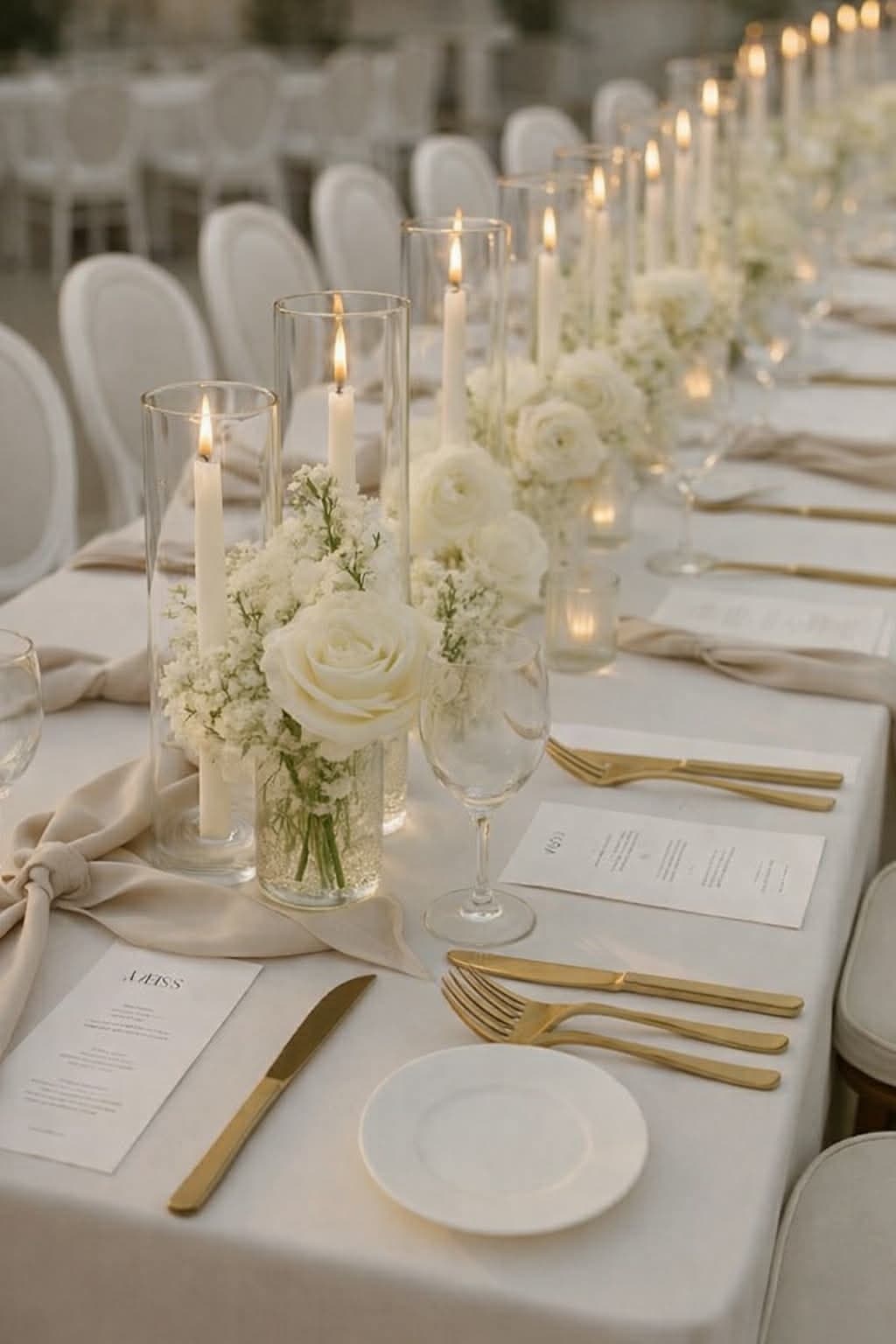 Editorial close-up of a candlelit wedding table with florals and printed menus at OZEA.