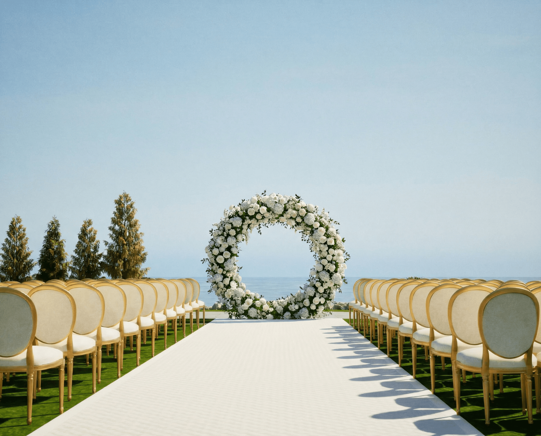 Sea-facing wedding aisle at OZEA with a floral arch and ceremony chairs framed by the coast.