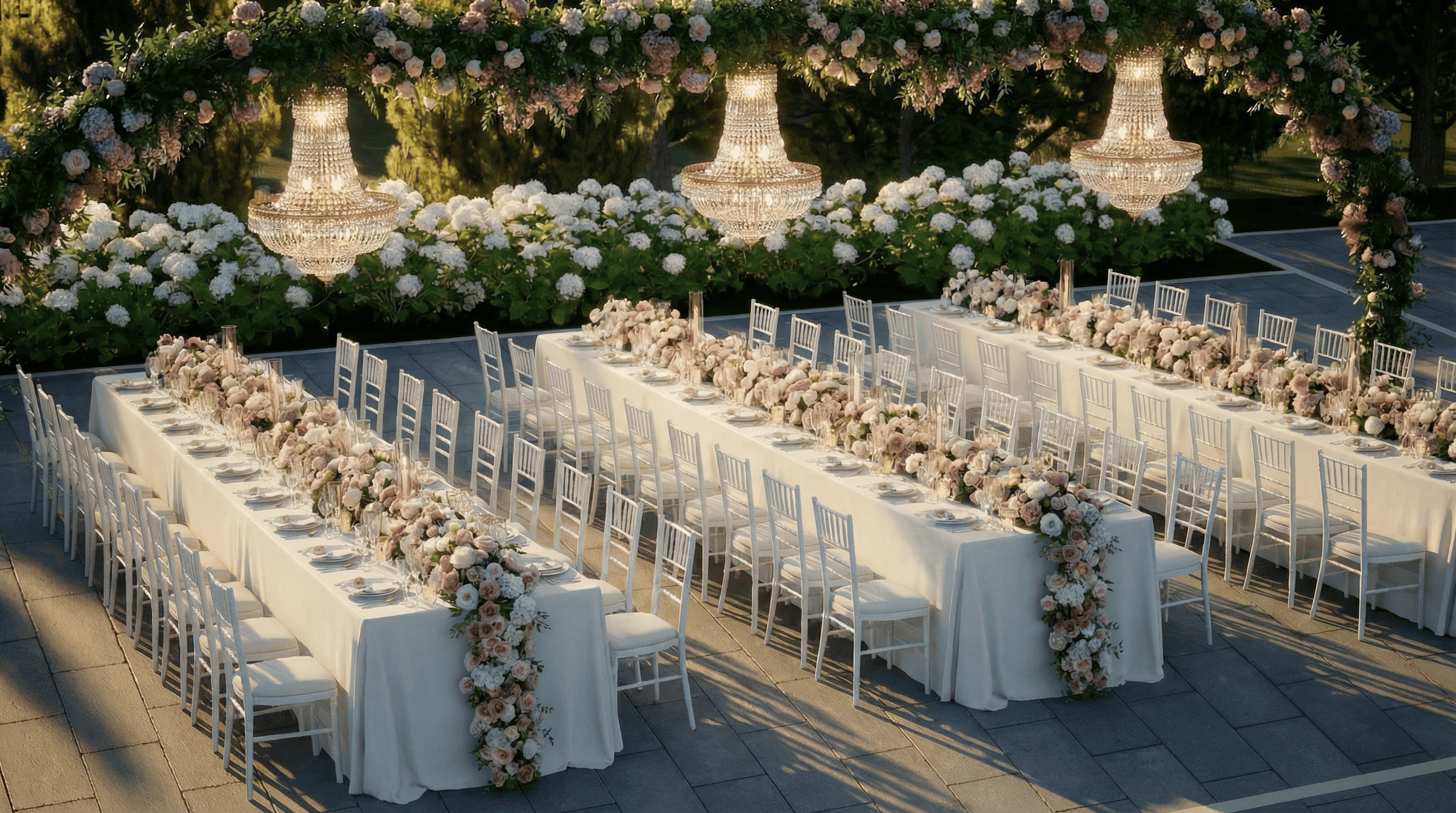 Long banquet reception layout at OZEA with layered florals and a refined monochrome palette.