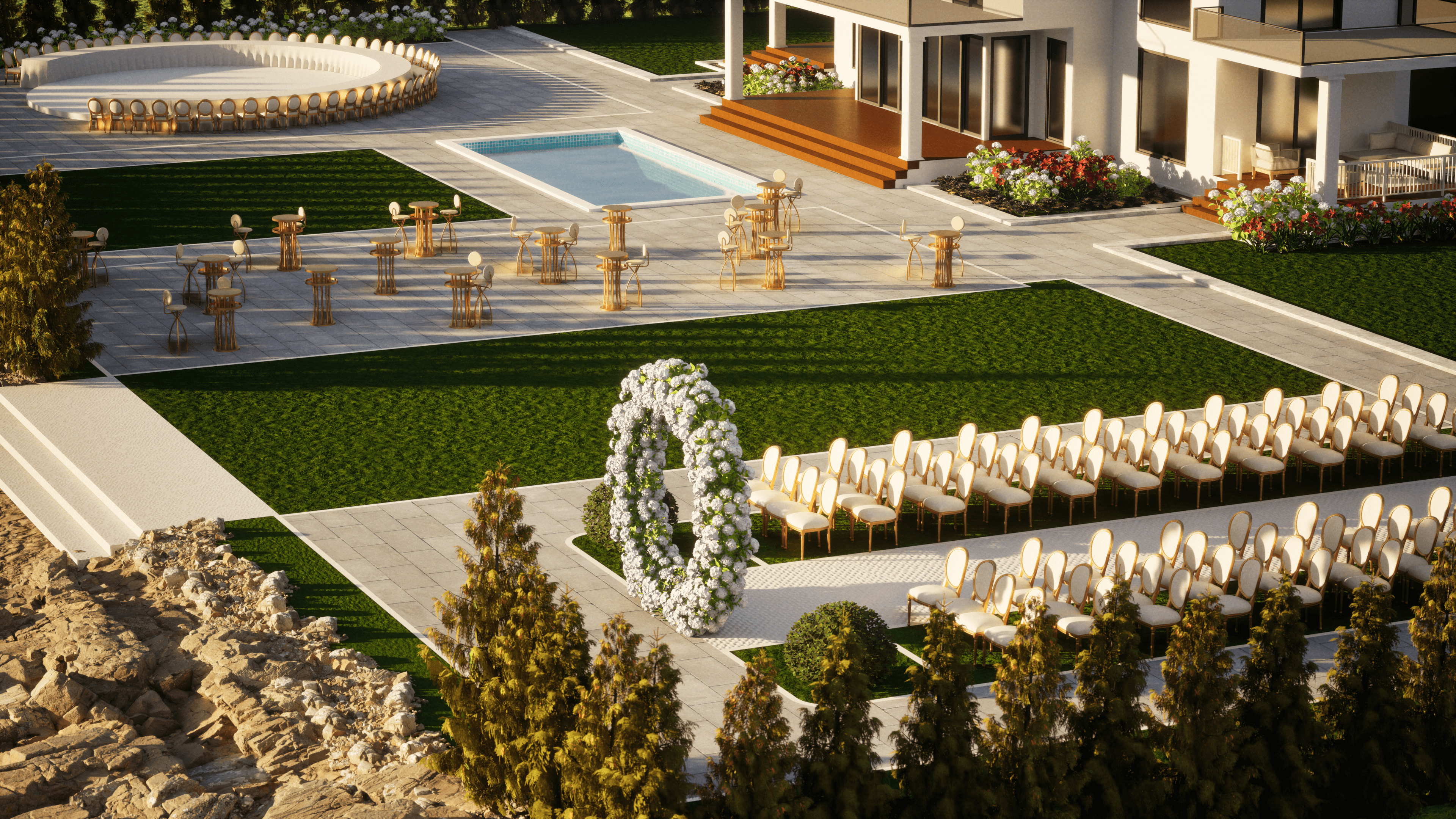 High aerial view of OZEA showing ceremony seating, pool, cocktail terraces, and lawns.