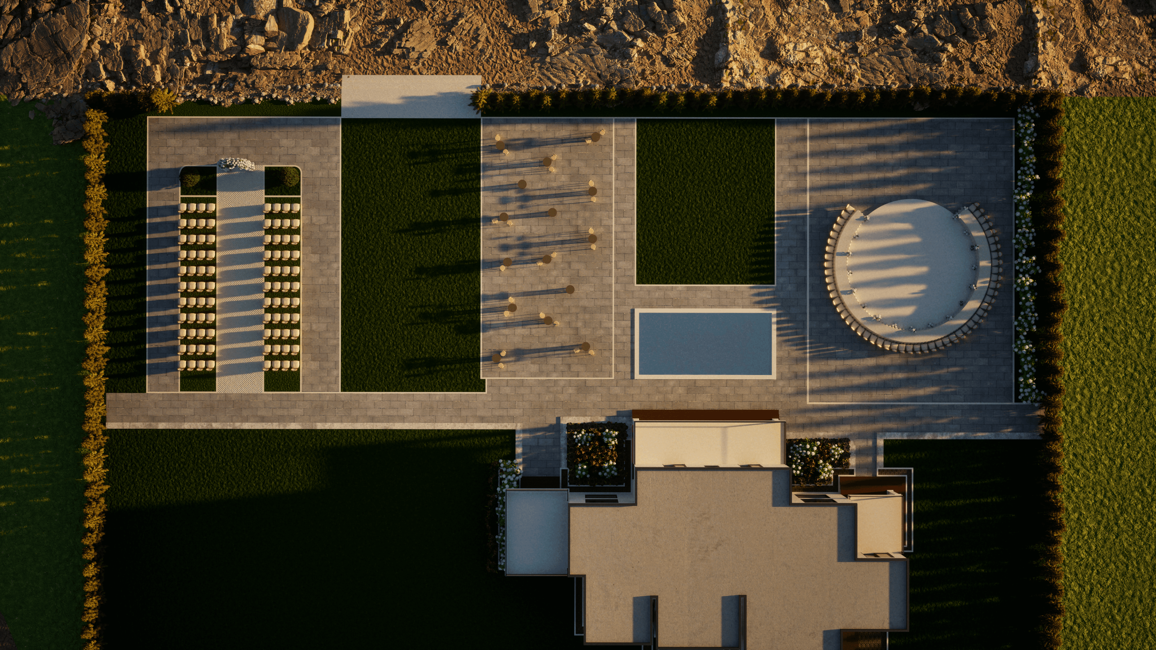 Aerial rendering of OZEA Paphos showing the ceremony, reception, and coastal layout together.
