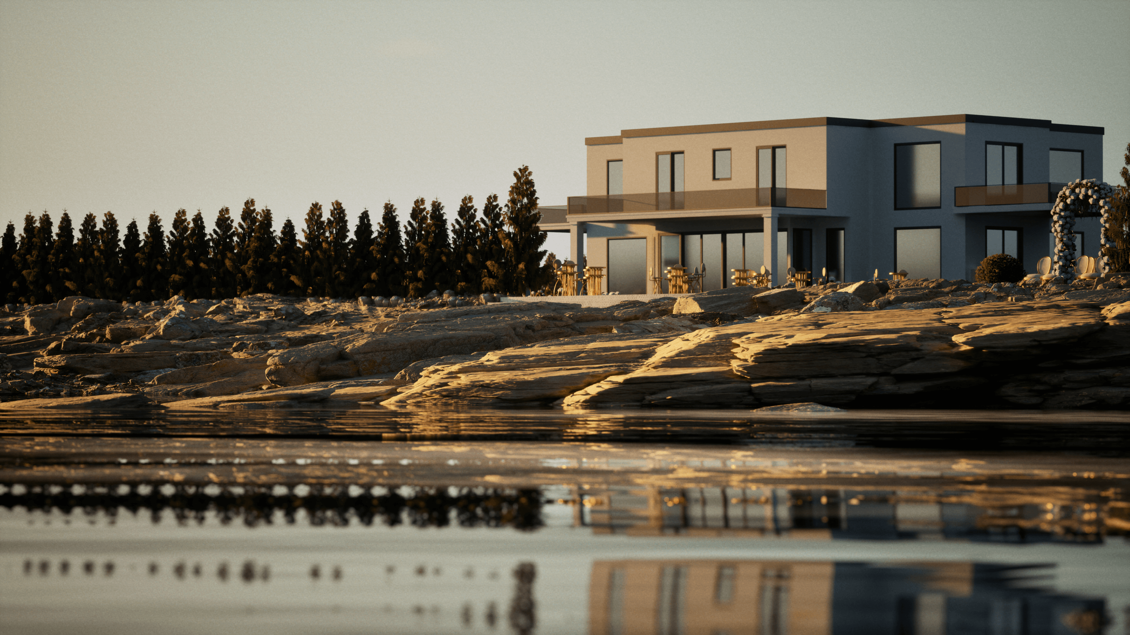 Coastal evening rendering of OZEA with the ceremony lawn and reception terraces facing the sea.