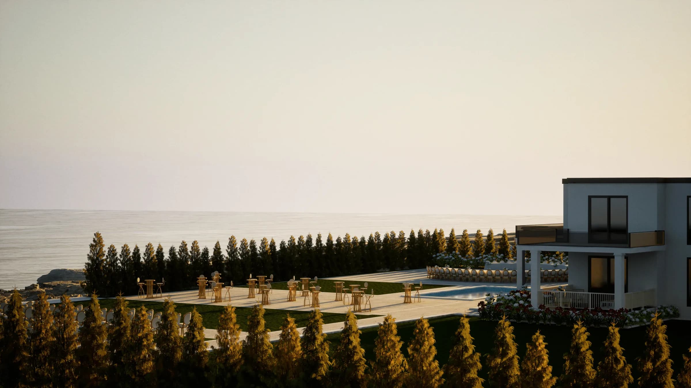 Evening view across the OZEA terraces and Mediterranean horizon prepared for a private event in Paphos.